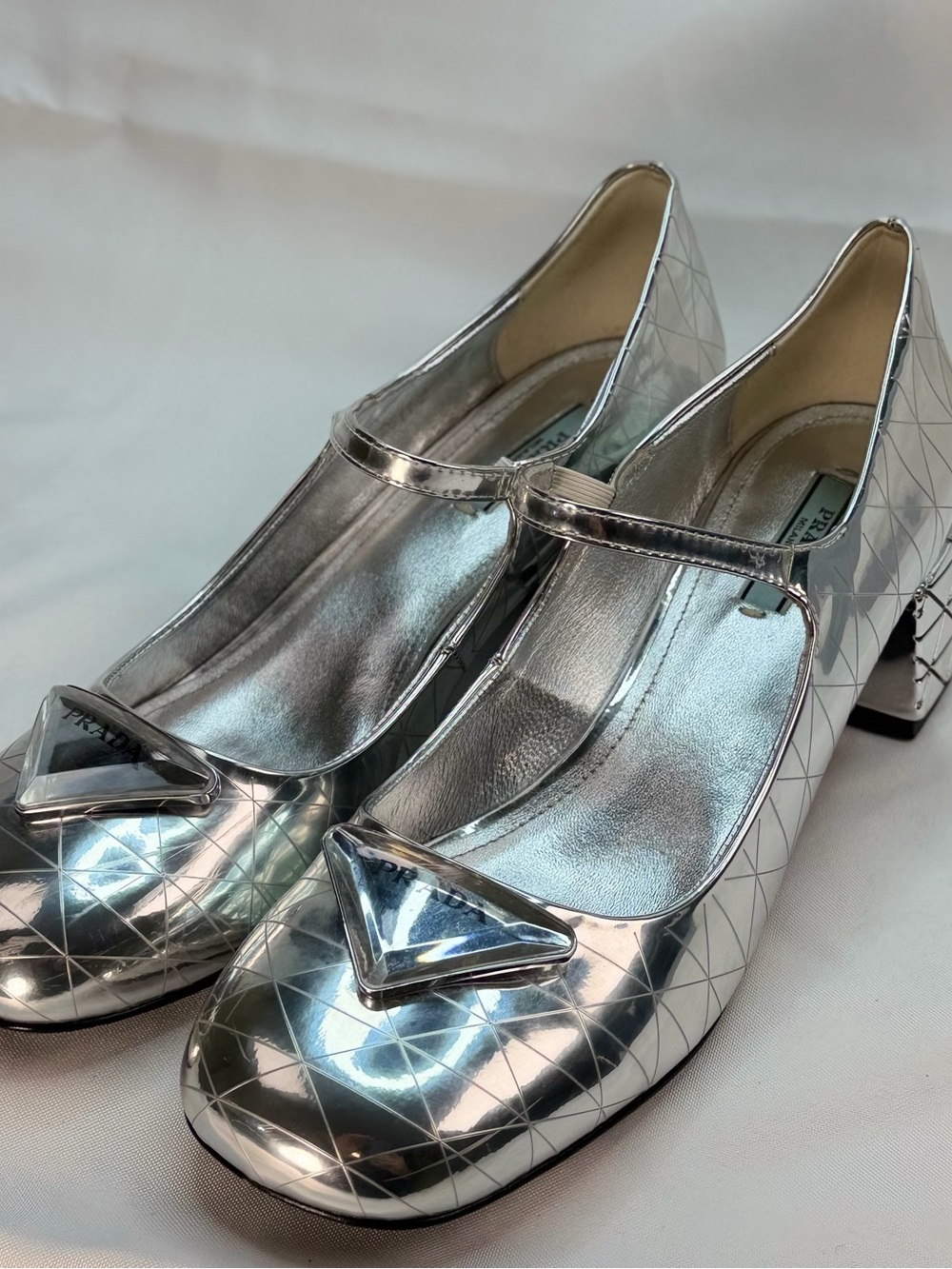 Rare Prada Silver Metallic Geometric Mary Jane Heels EU 39